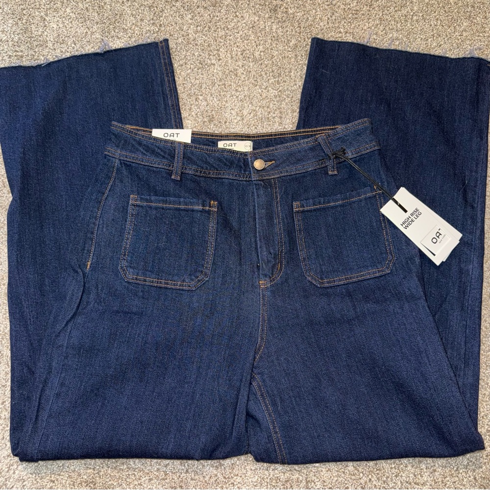 Women's Dark Blue Wide Leg Jeans with Raw Hem
